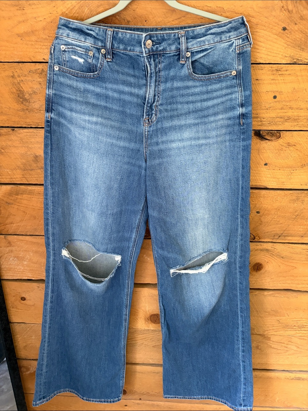 American Eagle Outfitters Light Blue High-Rise Distressed Wide-Leg Jeans